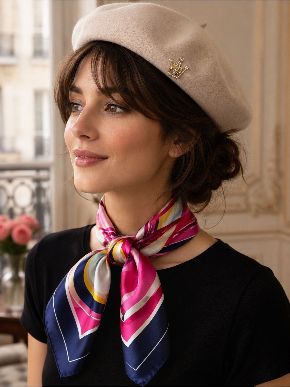 Women’s French Beret Hat Scarf & Crown Pin 3 Pc Gift Set New Beige Chic